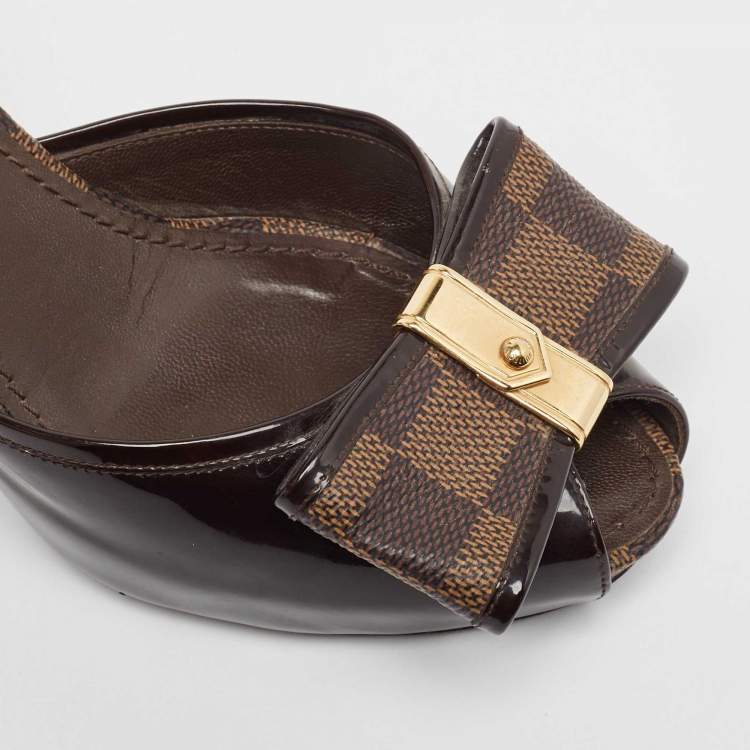 Pre Owned Louis Vuitton Brown Patent Leather and Damier Ebene Bow Slide Sandals Size 36