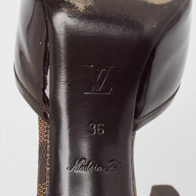 Pre Owned Louis Vuitton Brown Patent Leather and Damier Ebene Bow Slide Sandals Size 36