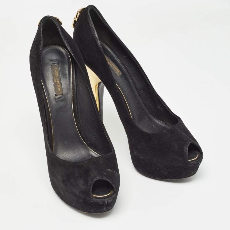 Pre Owned Louis Vuitton Black Suede Oh Really! Peep Toe Platform Pumps Size 39