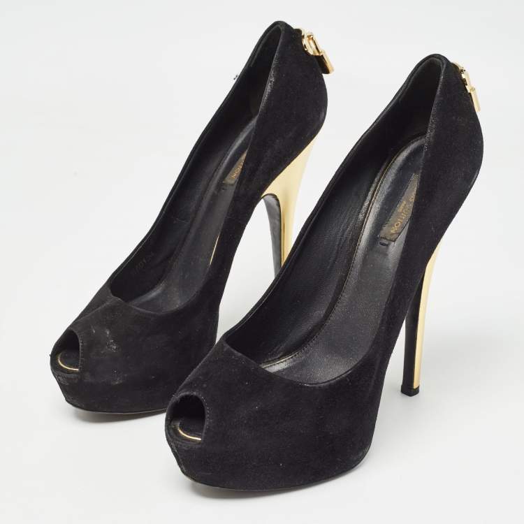 Pre Owned Louis Vuitton Black Suede Oh Really! Peep Toe Platform Pumps Size 39