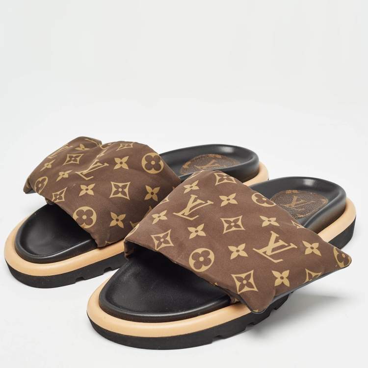 Pre Owned Louis Vuitton Brown Monogram Nylon Pool Pillow Comfort Flat Slides Size 40