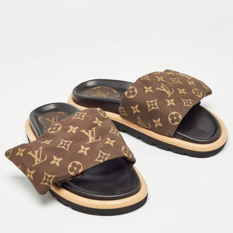 Pre Owned Louis Vuitton Brown Monogram Nylon Pool Pillow Comfort Flat Slides Size 40