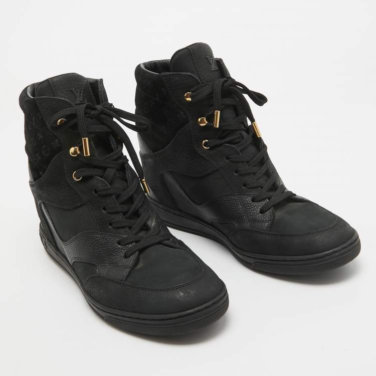 Pre Owned Louis Vuitton Black Nubuck Leather and Monogram Suede Millenium Wedge High Top Sneakers Size 40