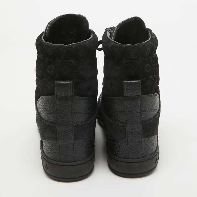Pre Owned Louis Vuitton Black Nubuck Leather and Monogram Suede Millenium Wedge High Top Sneakers Size 40