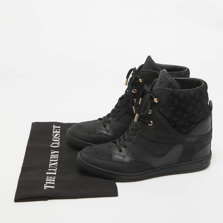 Pre Owned Louis Vuitton Black Nubuck Leather and Monogram Suede Millenium Wedge High Top Sneakers Size 40
