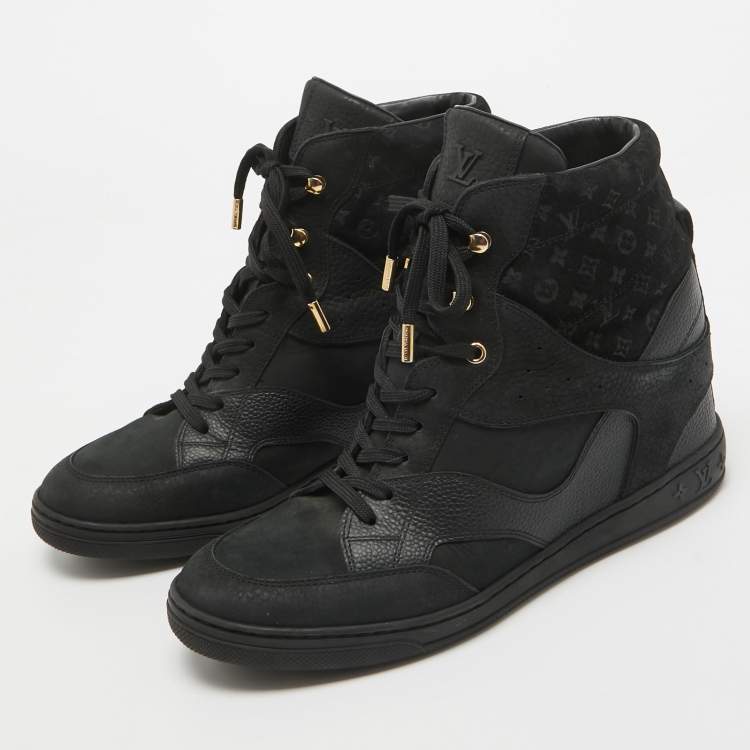 Pre Owned Louis Vuitton Black Nubuck Leather and Monogram Suede Millenium Wedge High Top Sneakers Size 40