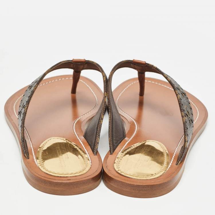 Pre Owned Louis Vuitton Brown Monogram Canvas Laser Cut Thong Flats Size 38