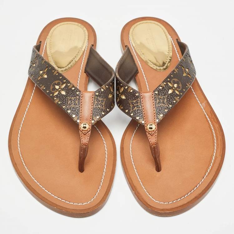 Pre Owned Louis Vuitton Brown Monogram Canvas Laser Cut Thong Flats Size 38