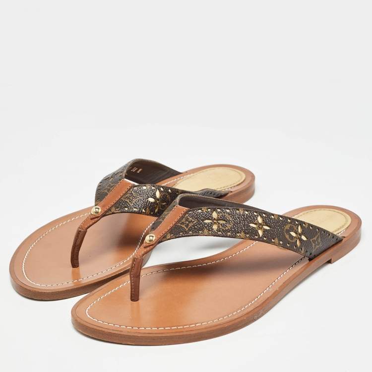 Pre Owned Louis Vuitton Brown Monogram Canvas Laser Cut Thong Flats Size 38