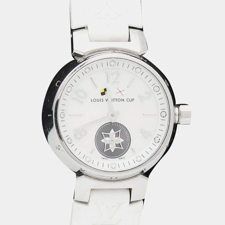 Pre Owned Louis Vuitton Tambour Q12M0 Quartz White Stainless Steel Women's Wristwatch 28 mm