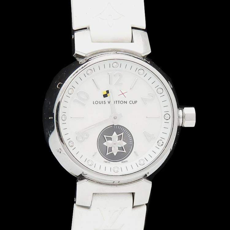 Pre Owned Louis Vuitton Tambour Q12M0 Quartz White Stainless Steel Women's Wristwatch 28 mm