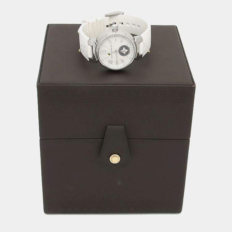Pre Owned Louis Vuitton Tambour Q12M0 Quartz White Stainless Steel Women's Wristwatch 28 mm
