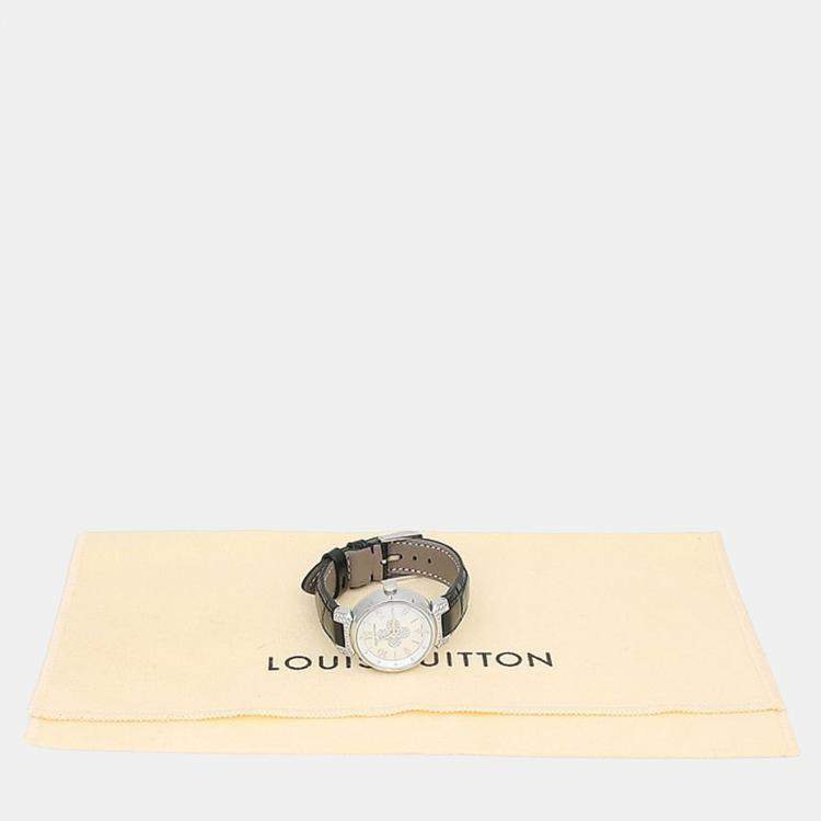Pre Owned Louis Vuitton Tambour Forever Diamond Q121P Quartz Mother of Pearl Stainless Steel Womens Wristwatch 28 mm
