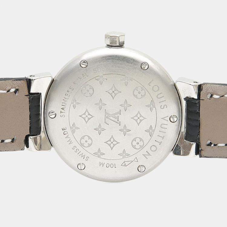 Pre Owned Louis Vuitton Tambour Forever Diamond Q121P Quartz Mother of Pearl Stainless Steel Womens Wristwatch 28 mm