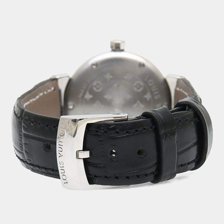 Pre Owned Louis Vuitton Tambour Forever Diamond Q121P Quartz Mother of Pearl Stainless Steel Womens Wristwatch 28 mm