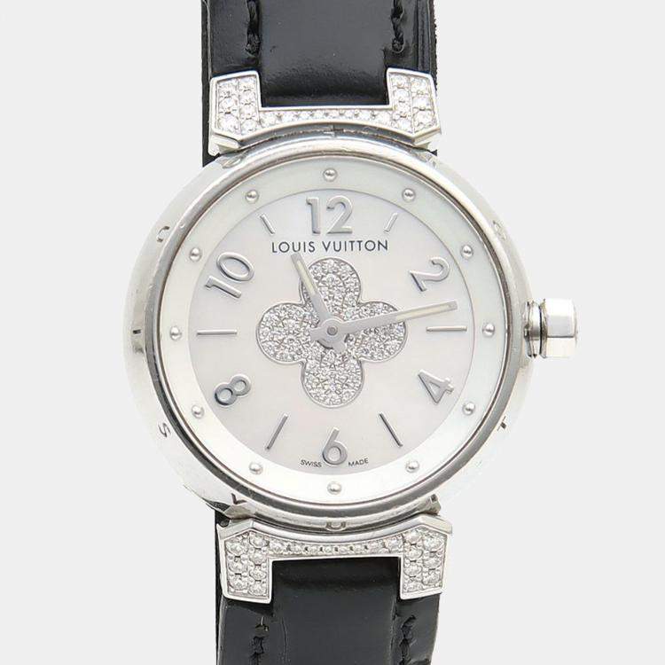 Pre Owned Louis Vuitton Tambour Forever Diamond Q121P Quartz Mother of Pearl Stainless Steel Womens Wristwatch 28 mm