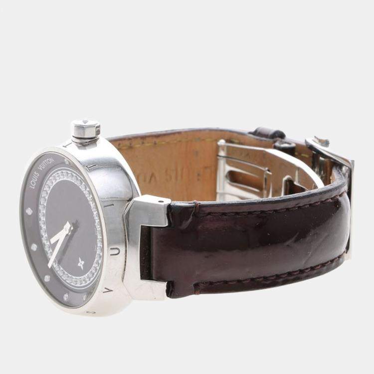 Pre Owned Louis Vuitton Tambour Q1319 Quartz Brown Diamonds Stainless Steel Women's Wristwatch 28mm