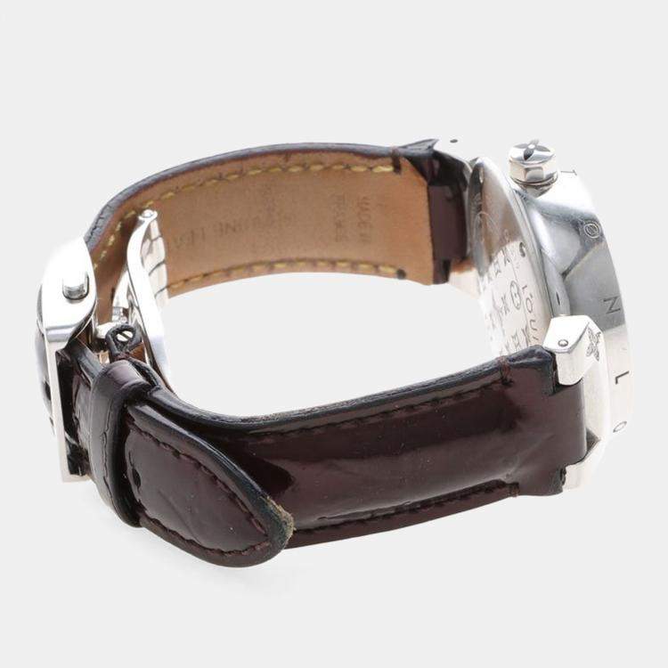 Pre Owned Louis Vuitton Tambour Q1319 Quartz Brown Diamonds Stainless Steel Women's Wristwatch 28mm