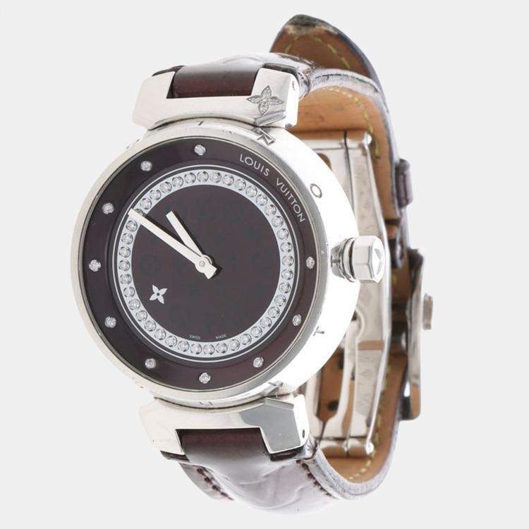 Pre Owned Louis Vuitton Tambour Q1319 Quartz Brown Diamonds Stainless Steel Women's Wristwatch 28mm