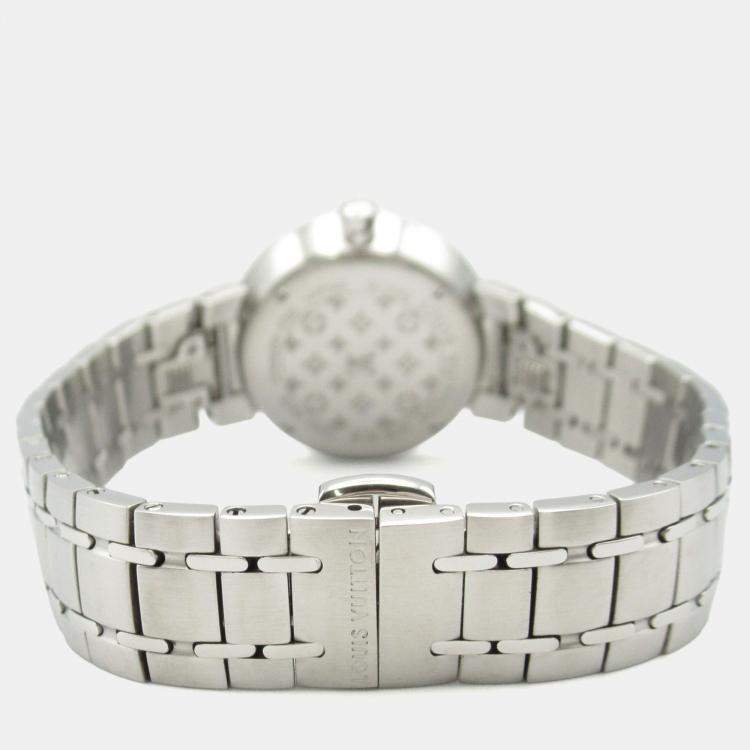Pre Owned Louis Vuitton Tambour Q12MG Quartz Silver Stainless Steel Women's Wristwatch 28 mm
