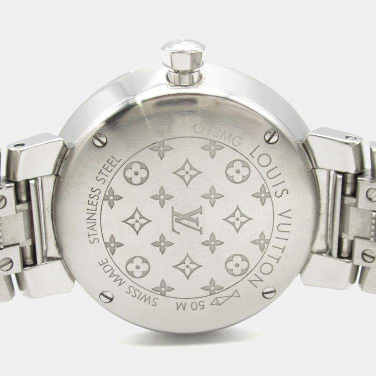 Pre Owned Louis Vuitton Tambour Q12MG Quartz Silver Stainless Steel Women's Wristwatch 28 mm
