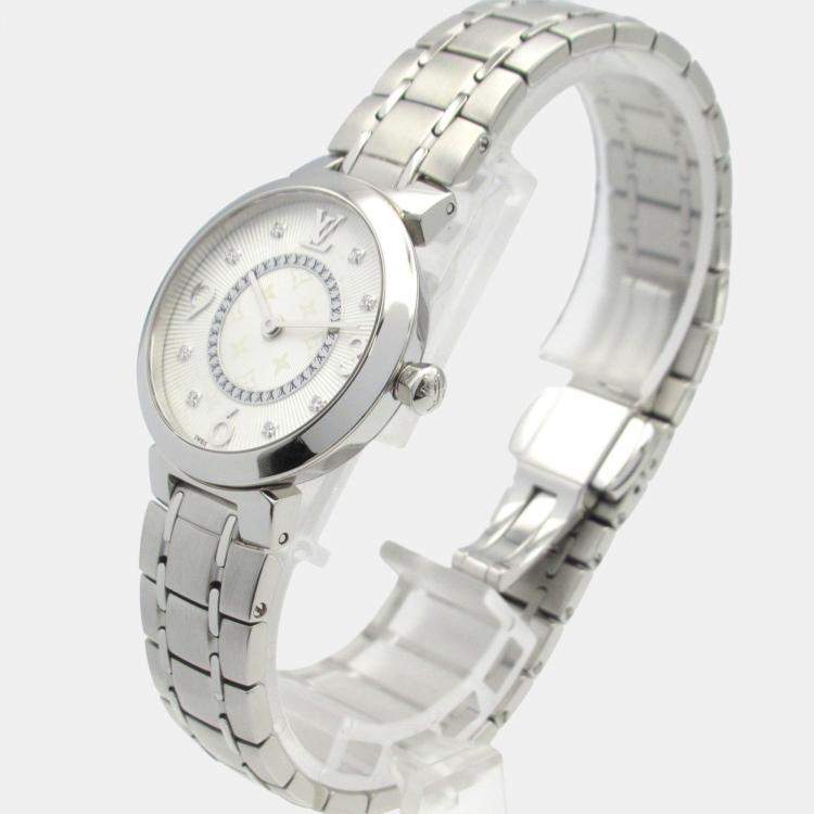 Pre Owned Louis Vuitton Tambour Q12MG Quartz Silver Stainless Steel Women's Wristwatch 28 mm
