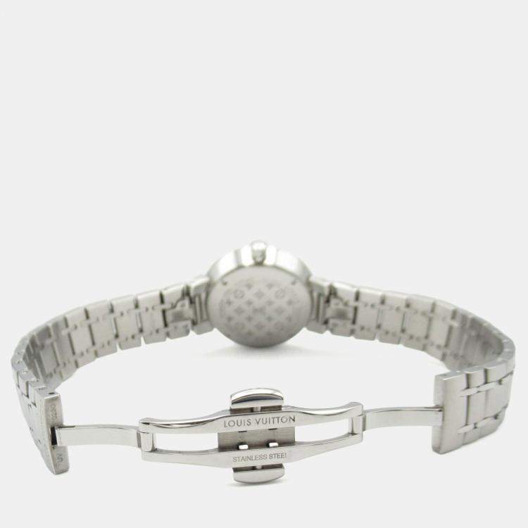 Pre Owned Louis Vuitton Tambour Q12MG Quartz Silver Stainless Steel Women's Wristwatch 28 mm