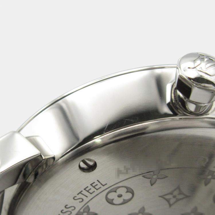 Pre Owned Louis Vuitton Tambour Q12MG Quartz Silver Stainless Steel Women's Wristwatch 28 mm