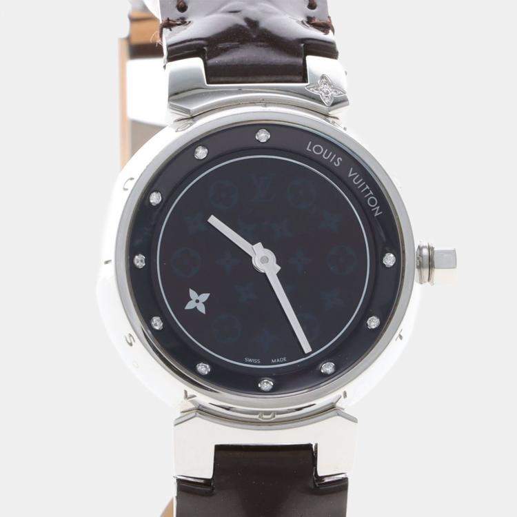 Pre Owned Louis Vuitton Tambour Q12M3 Quartz Brown Diamonds Stainless Steel Women's Wristwatch 28mm