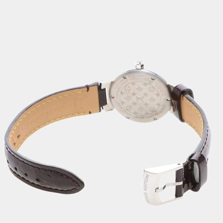 Pre Owned Louis Vuitton Tambour Q12M3 Quartz Brown Diamonds Stainless Steel Women's Wristwatch 28mm