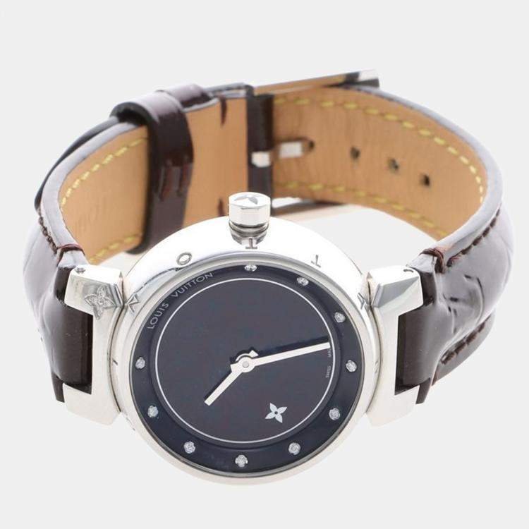 Pre Owned Louis Vuitton Tambour Q12M3 Quartz Brown Diamonds Stainless Steel Women's Wristwatch 28mm