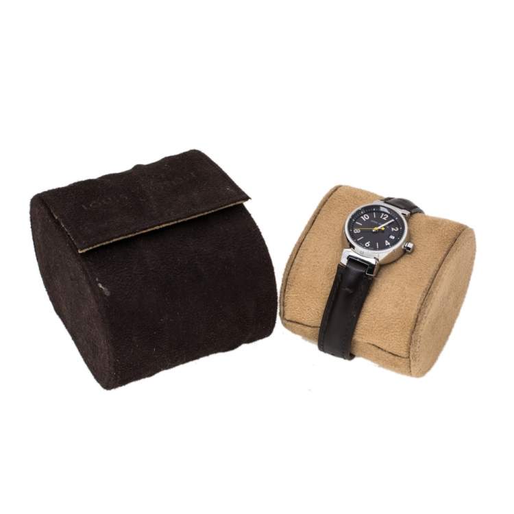 Pre Owned Louis Vuitton Brown Stainless Steel and Leather Tambour Q1211 Women's Wristwatch 28 mm