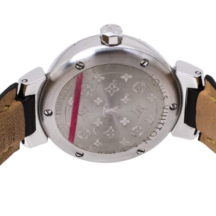 Pre Owned Louis Vuitton Brown Stainless Steel and Leather Tambour Q1211 Women's Wristwatch 28 mm