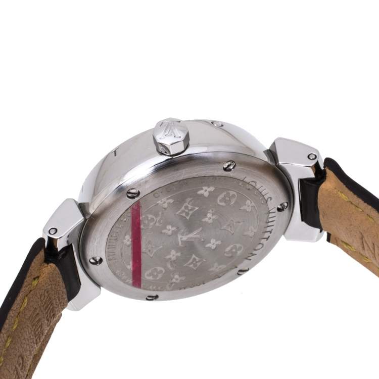 Pre Owned Louis Vuitton Brown Stainless Steel and Leather Tambour Q1211 Women's Wristwatch 28 mm
