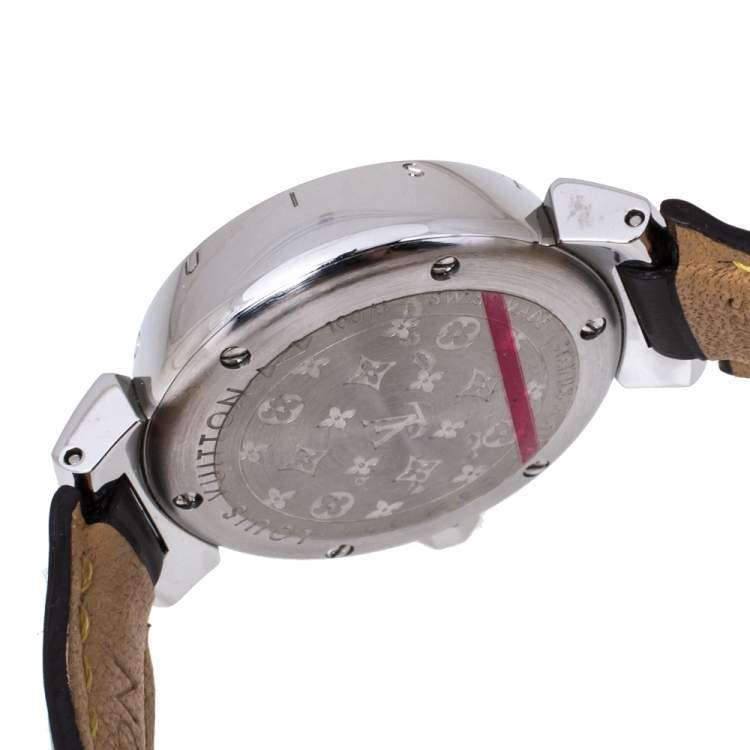 Pre Owned Louis Vuitton Brown Stainless Steel and Leather Tambour Q1211 Women's Wristwatch 28 mm