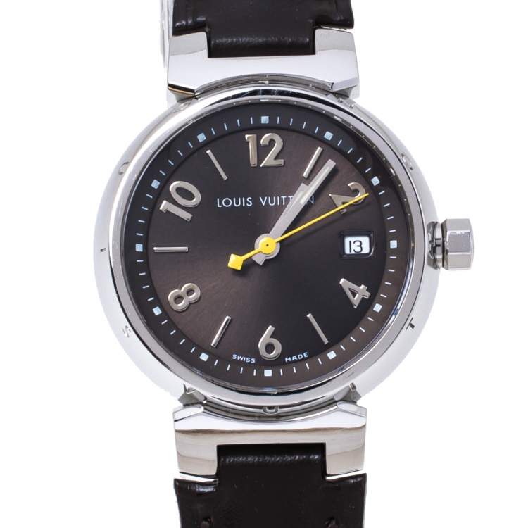 Pre Owned Louis Vuitton Brown Stainless Steel and Leather Tambour Q1211 Women's Wristwatch 28 mm