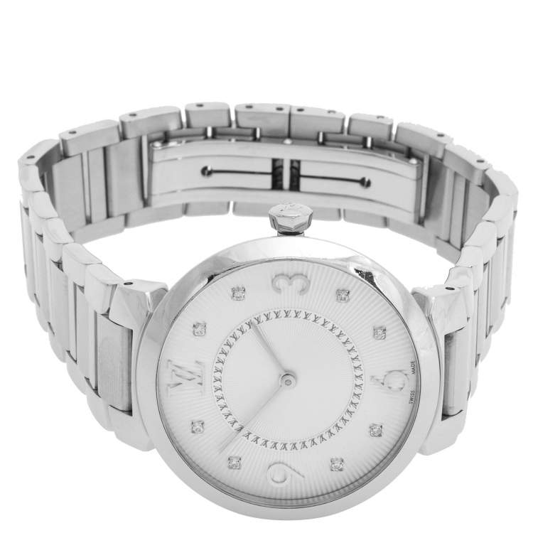 Pre Owned Louis Vuitton Silver White Stainless Steel Q13MJ4 Women's Wristwatch 33 mm