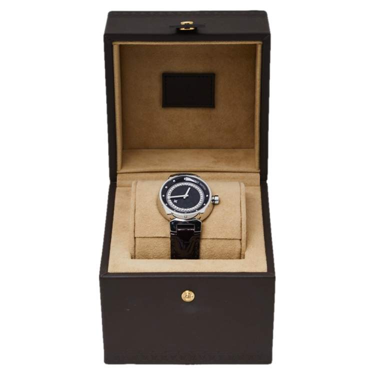 Pre Owned Louis Vuitton Black Stainless Steel Diamond Tambour Q1319 Women's Wristwatch 34 mm