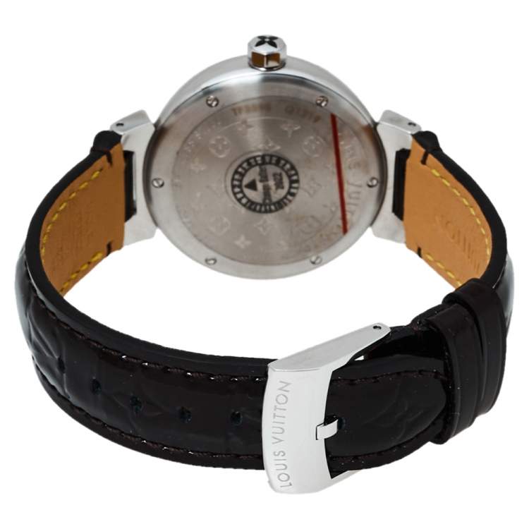 Pre Owned Louis Vuitton Black Stainless Steel Diamond Tambour Q1319 Women's Wristwatch 34 mm