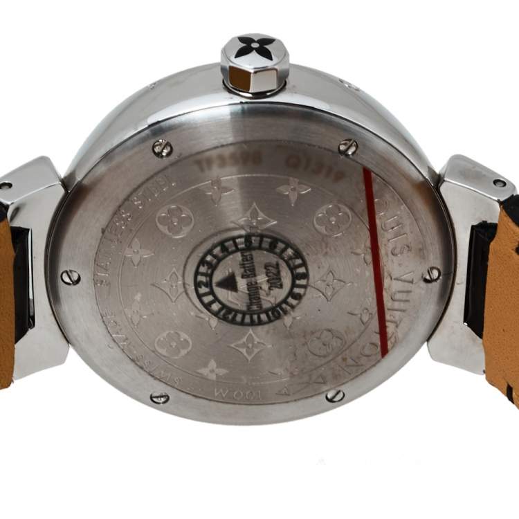 Pre Owned Louis Vuitton Black Stainless Steel Diamond Tambour Q1319 Women's Wristwatch 34 mm