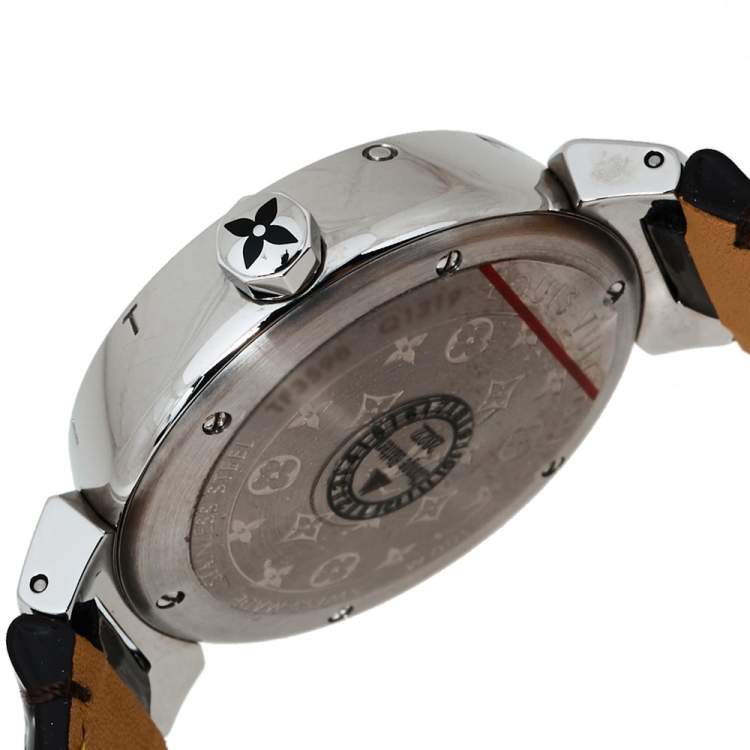 Pre Owned Louis Vuitton Black Stainless Steel Diamond Tambour Q1319 Women's Wristwatch 34 mm
