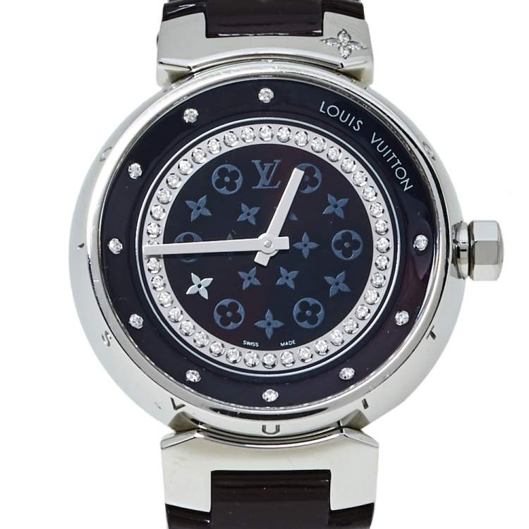 Pre Owned Louis Vuitton Black Stainless Steel Diamond Tambour Q1319 Women's Wristwatch 34 mm