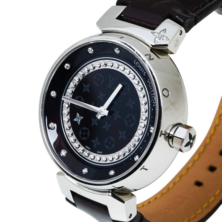 Louis Vuitton Black Stainless Steel Diamond Tambour Q1319 Women's  Wristwatch 34 mm Louis Vuitton