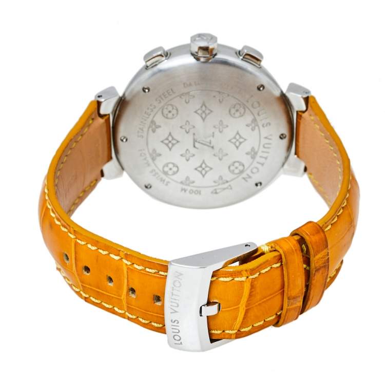 Pre Owned Louis Vuitton Brown Stainless Steel Alligator Skin Leather Tambour Q1121 Women's Wristwatch 41 mm