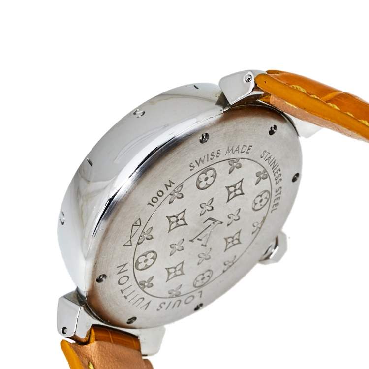 Pre Owned Louis Vuitton Brown Stainless Steel Alligator Skin Leather Tambour Q1121 Women's Wristwatch 41 mm