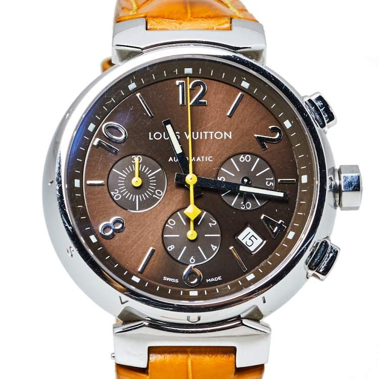 Pre Owned Louis Vuitton Brown Stainless Steel Alligator Skin Leather Tambour Q1121 Women's Wristwatch 41 mm
