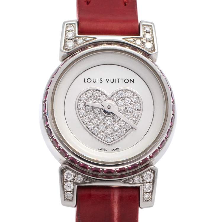 Pre Owned Louis Vuitton Mother Of Pearl Stainless Steel & Leather Diamonds Tambour Bijou Q151F Women's Wristwatch 18 mm