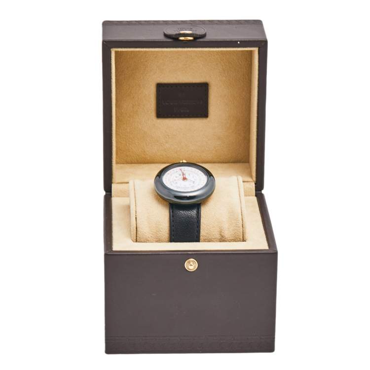 Pre Owned Louis Vuitton White Ceramic Gold Plated Stainless Steel Leather Monterey LV2 180316 Women's Wristwatch 37 mm