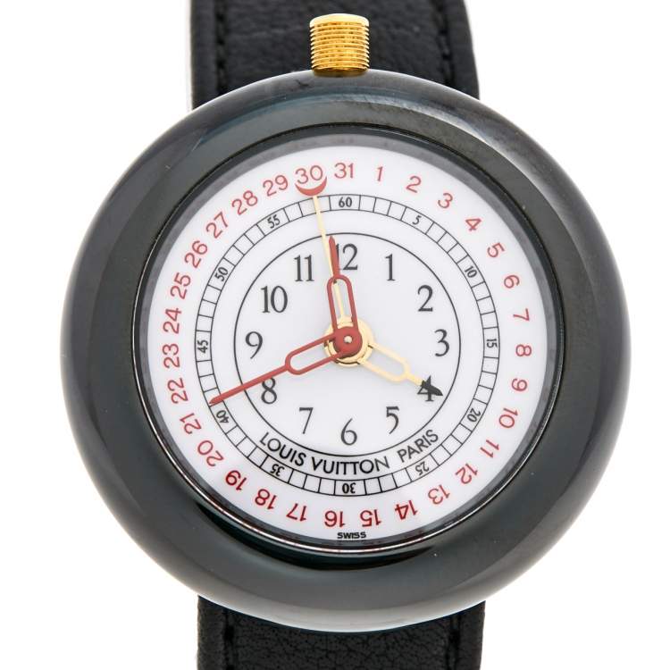 Pre Owned Louis Vuitton White Ceramic Gold Plated Stainless Steel Leather Monterey LV2 180316 Women's Wristwatch 37 mm