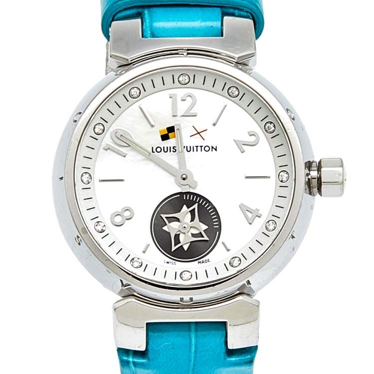 Pre Owned Louis Vuitton Mother Of Pearl Stainless Steel Diamond Alligator Leather Tambour Lovely Cup Q12M0 Women's Wristwatch 28 mm